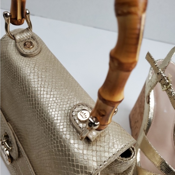 EUC Elaine Turner Champagne Gold snakeskin leather bag with bamboo handle - Picture 4 of 13